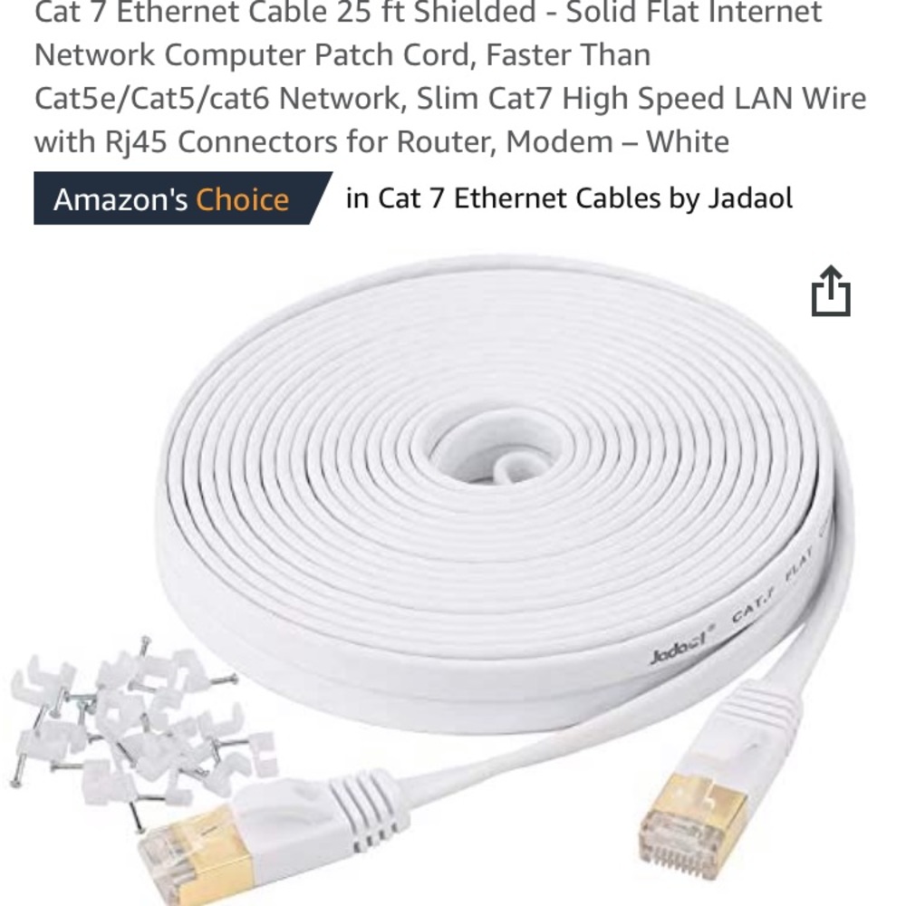 SET OF 2 Jadaol Cat 7 Ethernet Cable 25 ft Shielded Solid Flat White Cable NWT